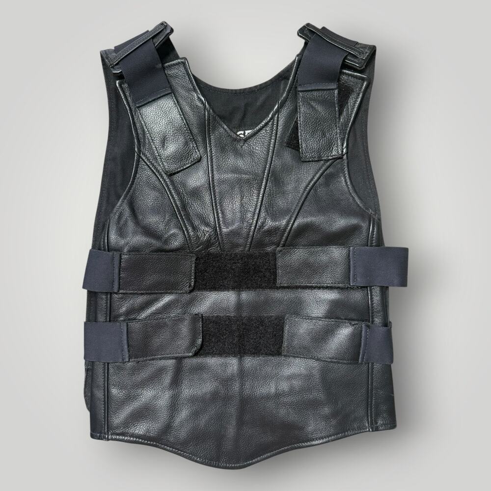 665 Black Genuine Leather Vest Adjustable Velcro Straps  Size M